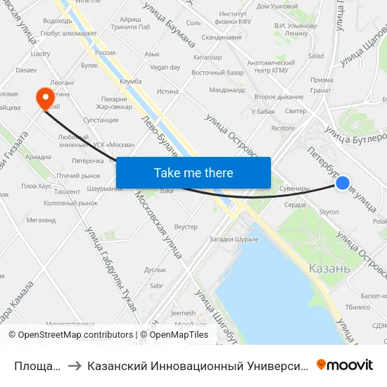 Площадь Тукая to Казанский Инновационный Университет Имени В.Г Тимирясова (Иэуп) map
