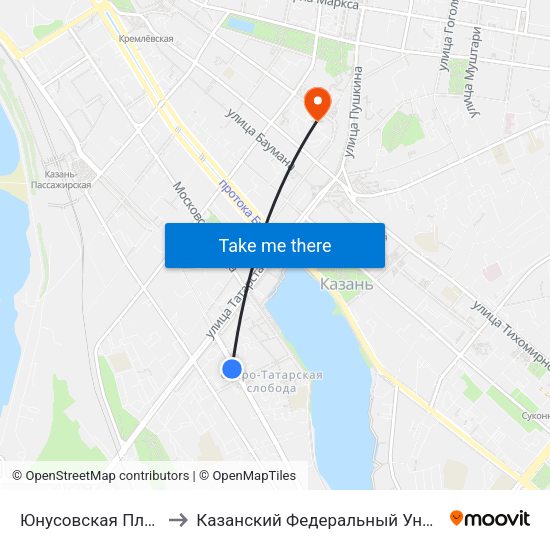 Юнусовская Площадь to Казанский Федеральный Университет map