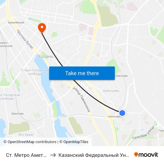 Ст. Метро Аметьево-2 to Казанский Федеральный Университет map
