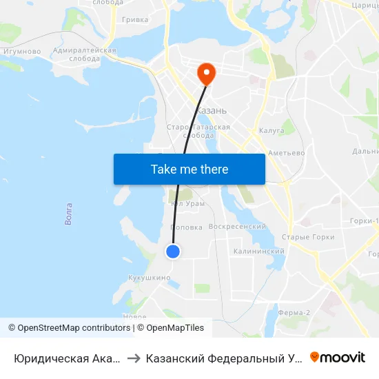 Юридическая Академия-1 to Казанский Федеральный Университет map