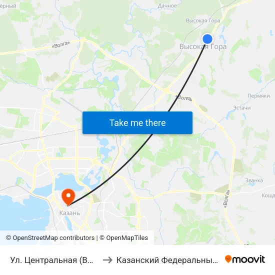 Ул. Центральная (Высокая Гора) to Казанский Федеральный Университет map