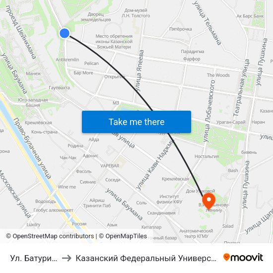 Ул. Батурина to Казанский Федеральный Университет map
