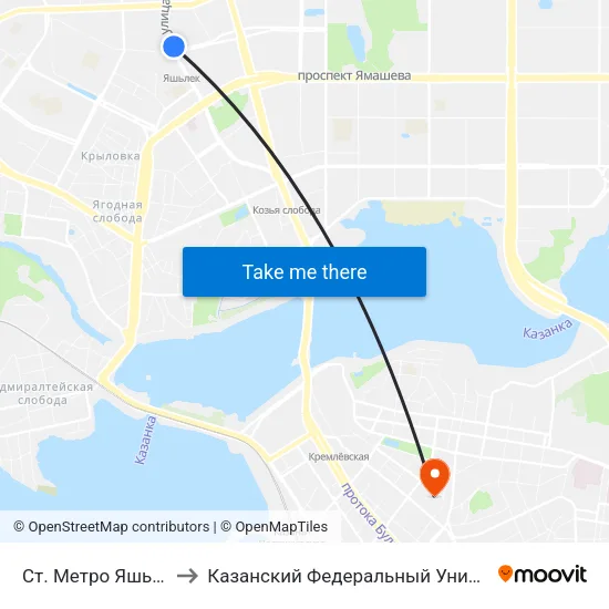 Ст. Метро Яшьлек-1 to Казанский Федеральный Университет map
