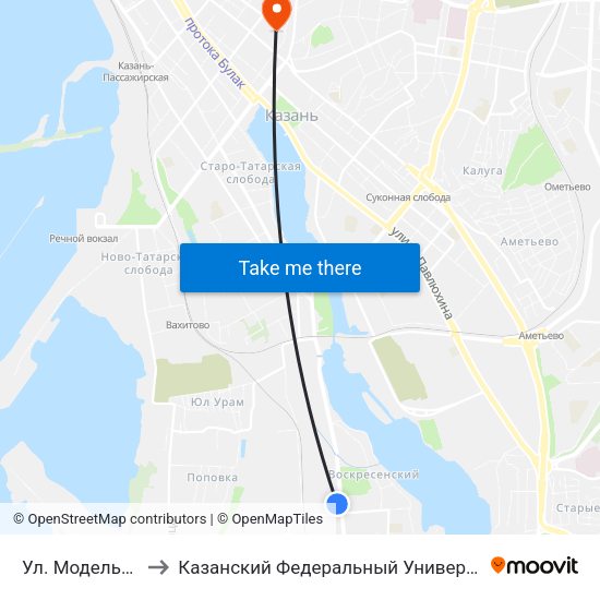 Ул. Модельная to Казанский Федеральный Университет map