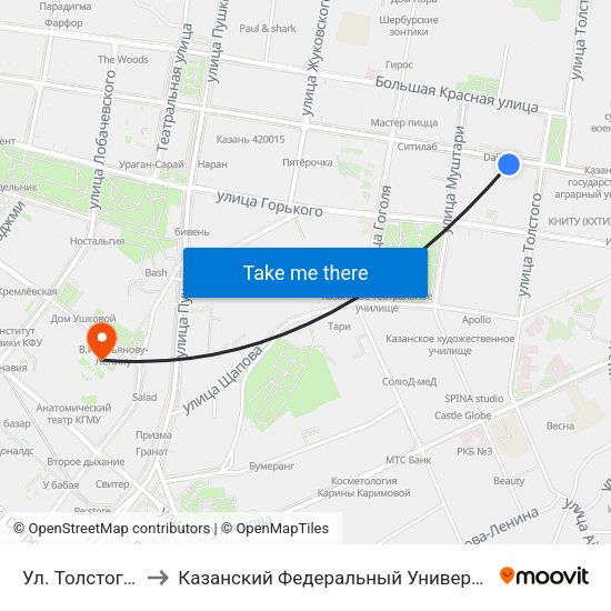 Ул. Толстого-4 to Казанский Федеральный Университет map