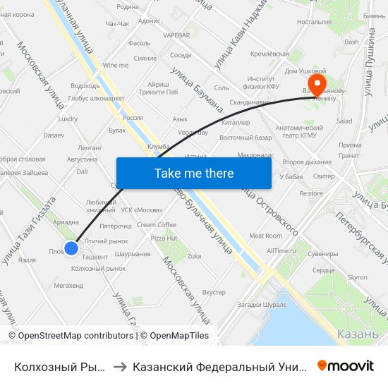 Колхозный Рынок-1 to Казанский Федеральный Университет map