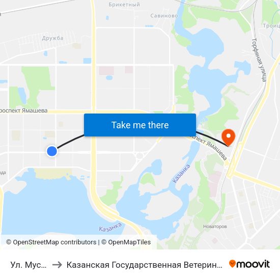 Ул. Мусина-3 to Казанская Государственная Ветеринарная Академия map