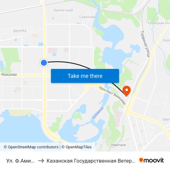 Ул. Ф.Амирхана-2 to Казанская Государственная Ветеринарная Академия map