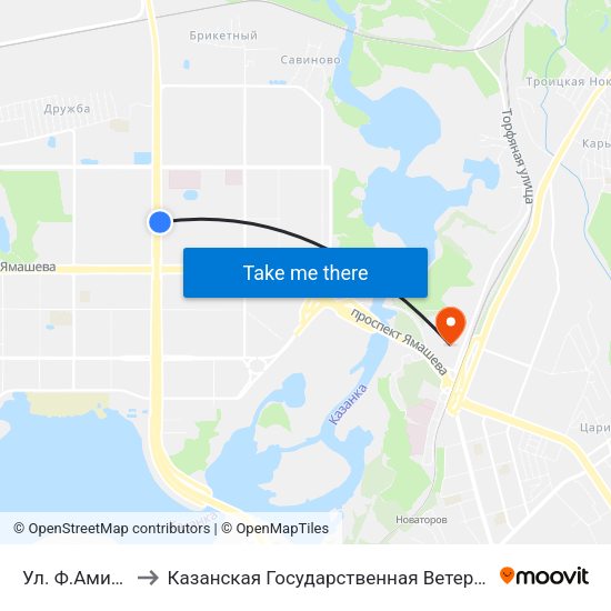 Ул. Ф.Амирхана-1 to Казанская Государственная Ветеринарная Академия map