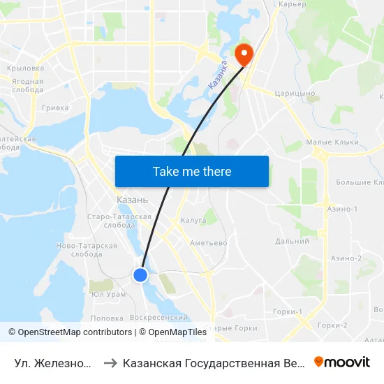 Ул. Железнодорожная-1 to Казанская Государственная Ветеринарная Академия map