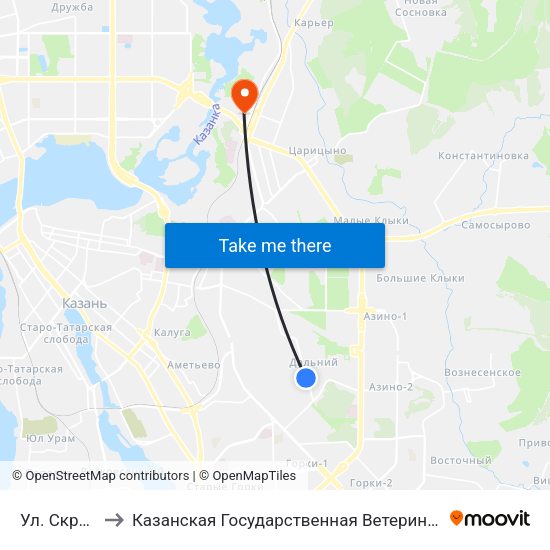 Ул. Скрябина to Казанская Государственная Ветеринарная Академия map