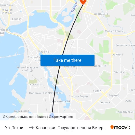 Ул. Техническая to Казанская Государственная Ветеринарная Академия map