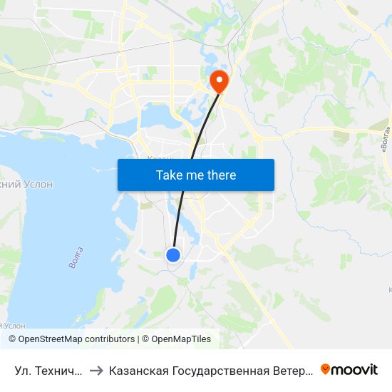 Ул. Техническая-1 to Казанская Государственная Ветеринарная Академия map