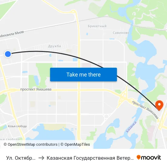 Ул. Октябрьская-1 to Казанская Государственная Ветеринарная Академия map