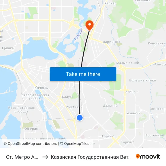 Ст. Метро Аметьево-2 to Казанская Государственная Ветеринарная Академия map