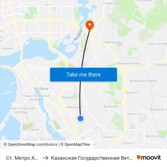 Ст. Метро Аметьево-1 to Казанская Государственная Ветеринарная Академия map