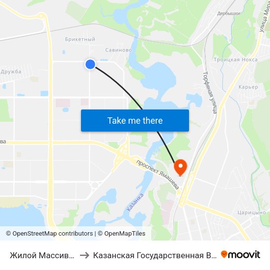 Жилой Массив Брикетный-2 to Казанская Государственная Ветеринарная Академия map