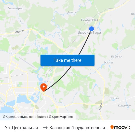 Ул. Центральная (Высокая Гора) to Казанская Государственная Ветеринарная Академия map