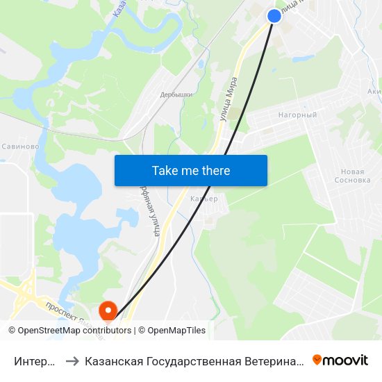 Интернат-2 to Казанская Государственная Ветеринарная Академия map