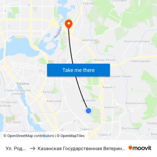 Ул. Родины-1 to Казанская Государственная Ветеринарная Академия map