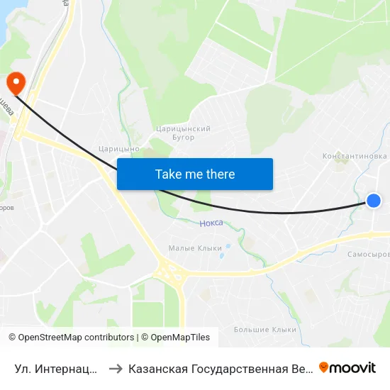 Ул. Интернациональная-1 to Казанская Государственная Ветеринарная Академия map