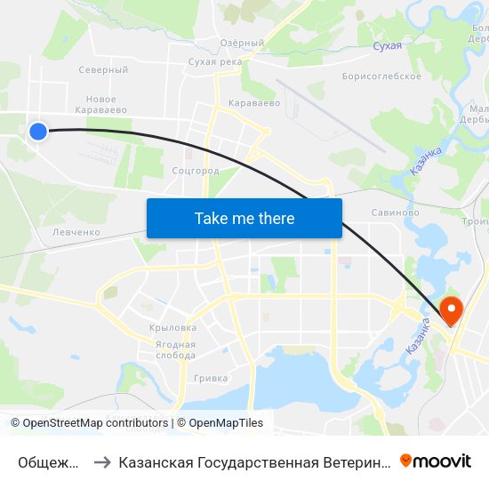 Общежитие-2 to Казанская Государственная Ветеринарная Академия map