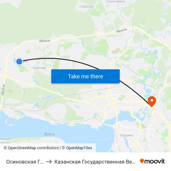 Осиновская Гимназия-1 to Казанская Государственная Ветеринарная Академия map