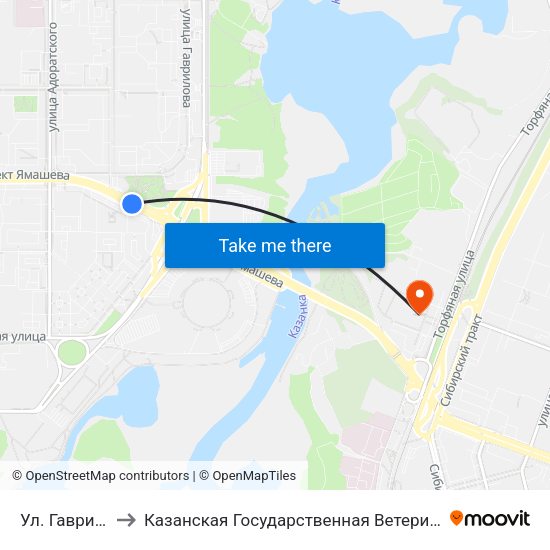 Ул. Гаврилова-5 to Казанская Государственная Ветеринарная Академия map