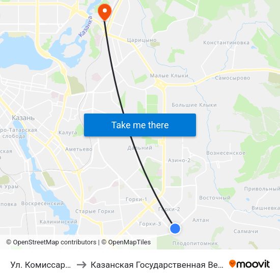Ул. Комиссара Габишева to Казанская Государственная Ветеринарная Академия map