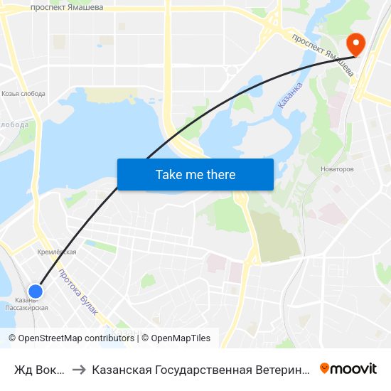 Жд Вокзал-1 to Казанская Государственная Ветеринарная Академия map