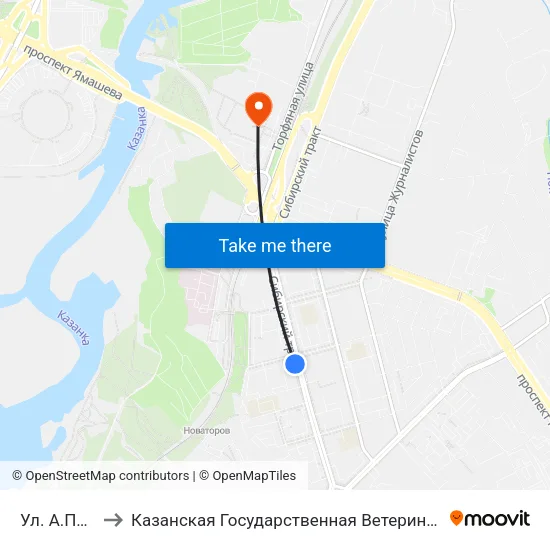 Ул. А.Попова to Казанская Государственная Ветеринарная Академия map