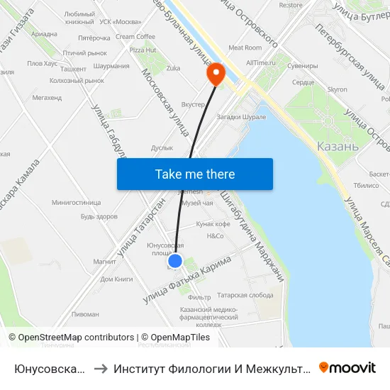 Юнусовская Площадь to Институт Филологии И Межкультурной Коммуникации Кфу map