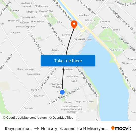 Юнусовская Площадь-2 to Институт Филологии И Межкультурной Коммуникации Кфу map
