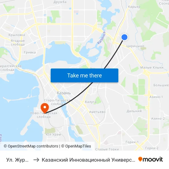 Ул. Журналистов-1 to Казанский Инновационный Университет Имени В.Г Тимирясова (Иэуп) map