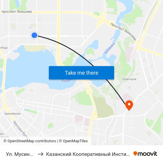 Ул. Мусина-3 to Казанский Кооперативный Институт map