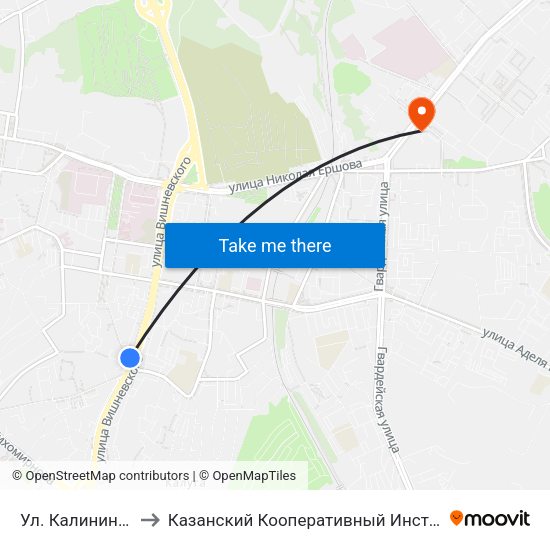 Ул. Калинина-1 to Казанский Кооперативный Институт map