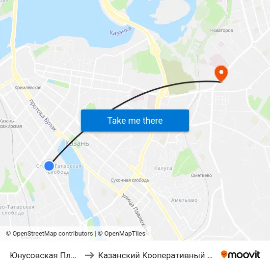 Юнусовская Площадь to Казанский Кооперативный Институт map