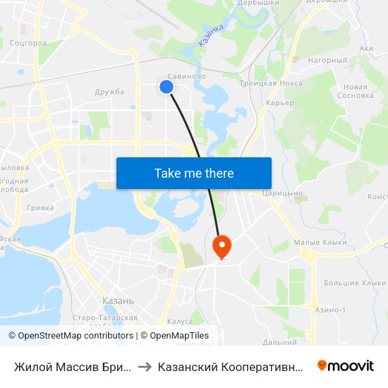 Жилой Массив Брикетный-2 to Казанский Кооперативный Институт map