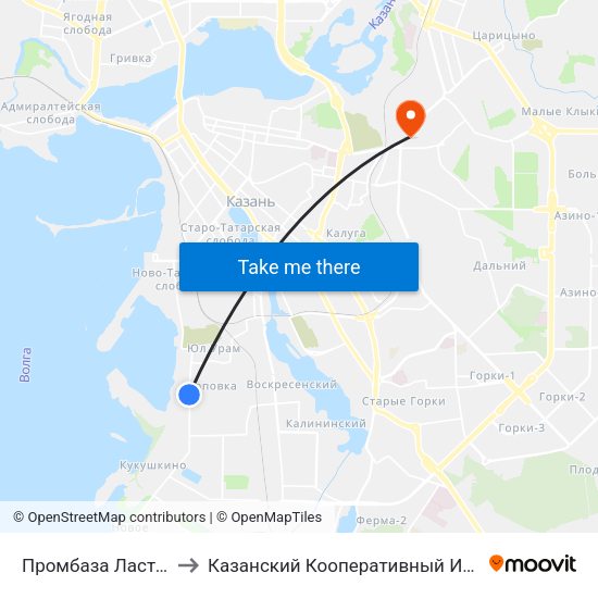 Промбаза Ласточка to Казанский Кооперативный Институт map