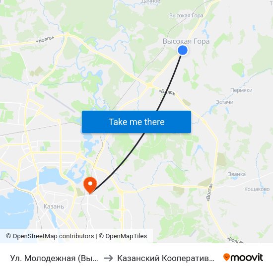 Ул. Молодежная (Высокая Гора) to Казанский Кооперативный Институт map