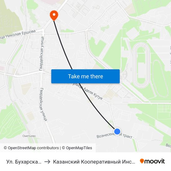 Ул. Бухарская-1 to Казанский Кооперативный Институт map