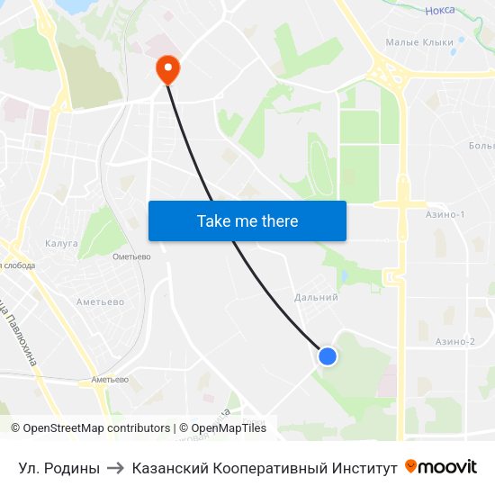 Ул. Родины to Казанский Кооперативный Институт map