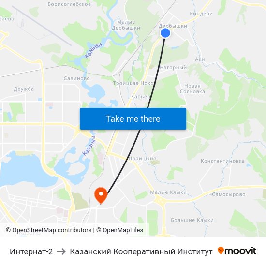 Интернат-2 to Казанский Кооперативный Институт map