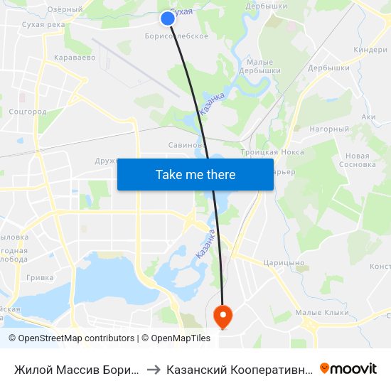 Жилой Массив Борисоглебское to Казанский Кооперативный Институт map
