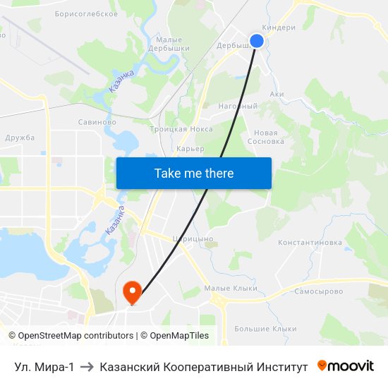 Ул. Мира-1 to Казанский Кооперативный Институт map