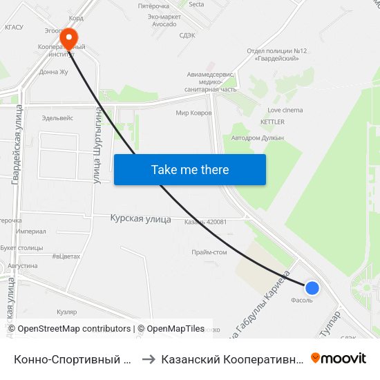 Конно-Спортивный Комплекс-2 to Казанский Кооперативный Институт map