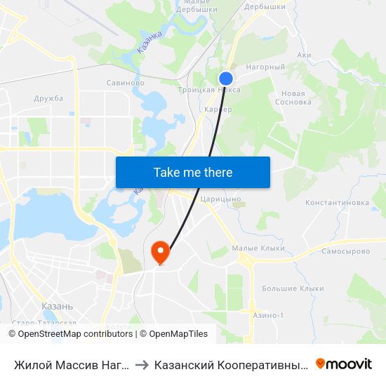 Жилой Массив Нагорный-2 to Казанский Кооперативный Институт map