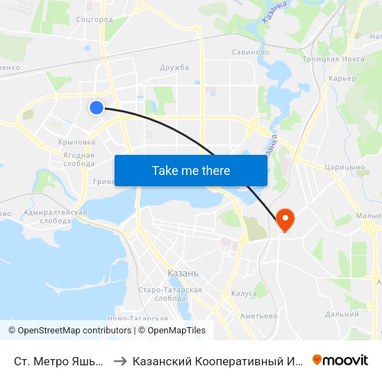 Ст. Метро Яшьлек-1 to Казанский Кооперативный Институт map