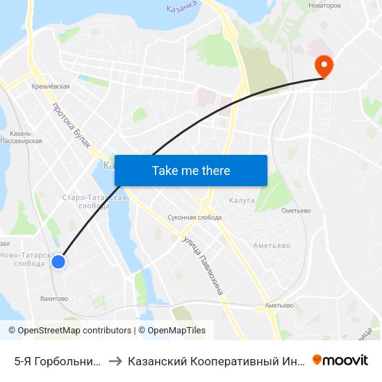 5-Я Горбольница-1 to Казанский Кооперативный Институт map