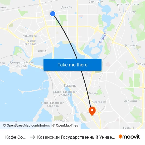 Кафе Солнышко-2 to Казанский Государственный Университет Культуры И Искусств map